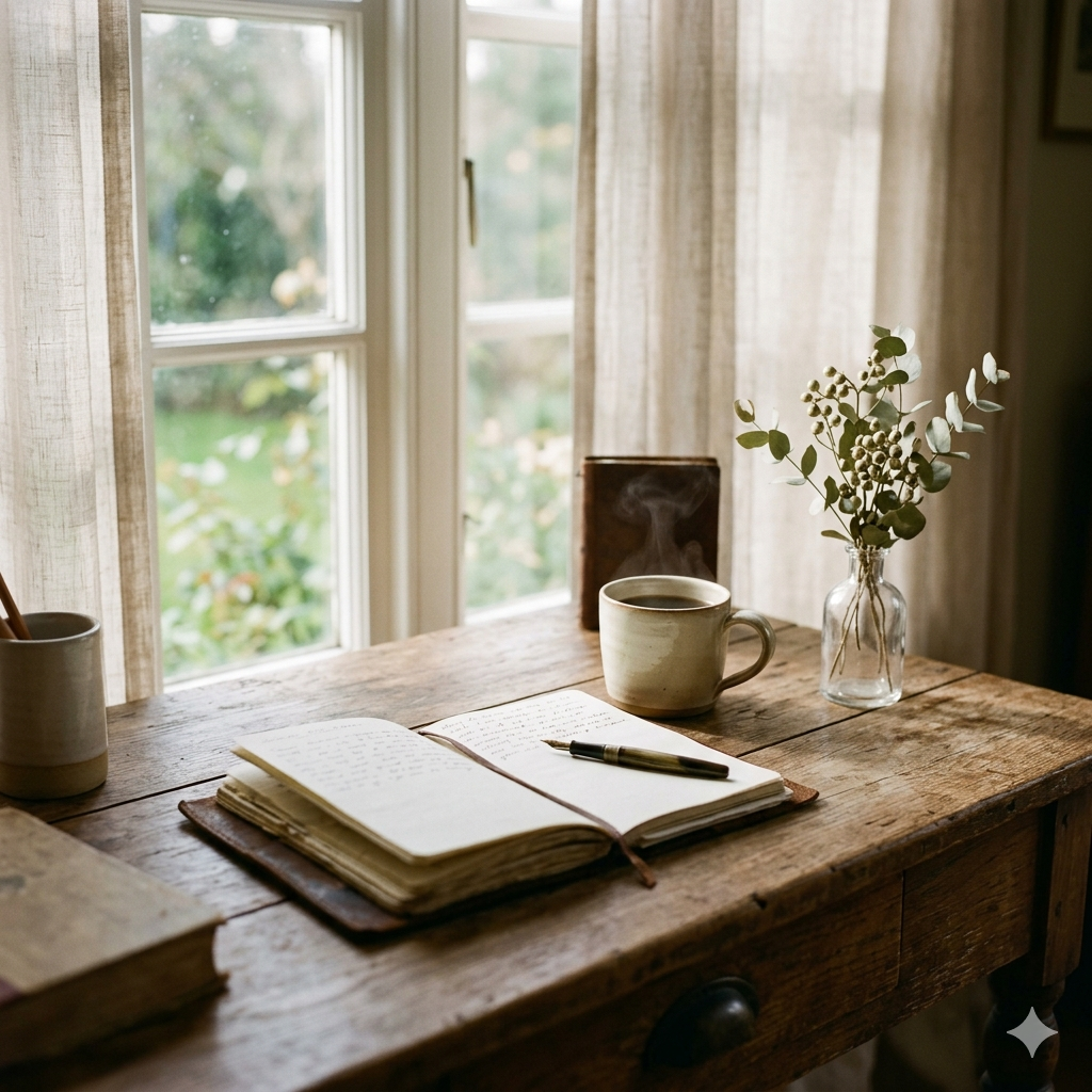 Morning desk with journal and coffee